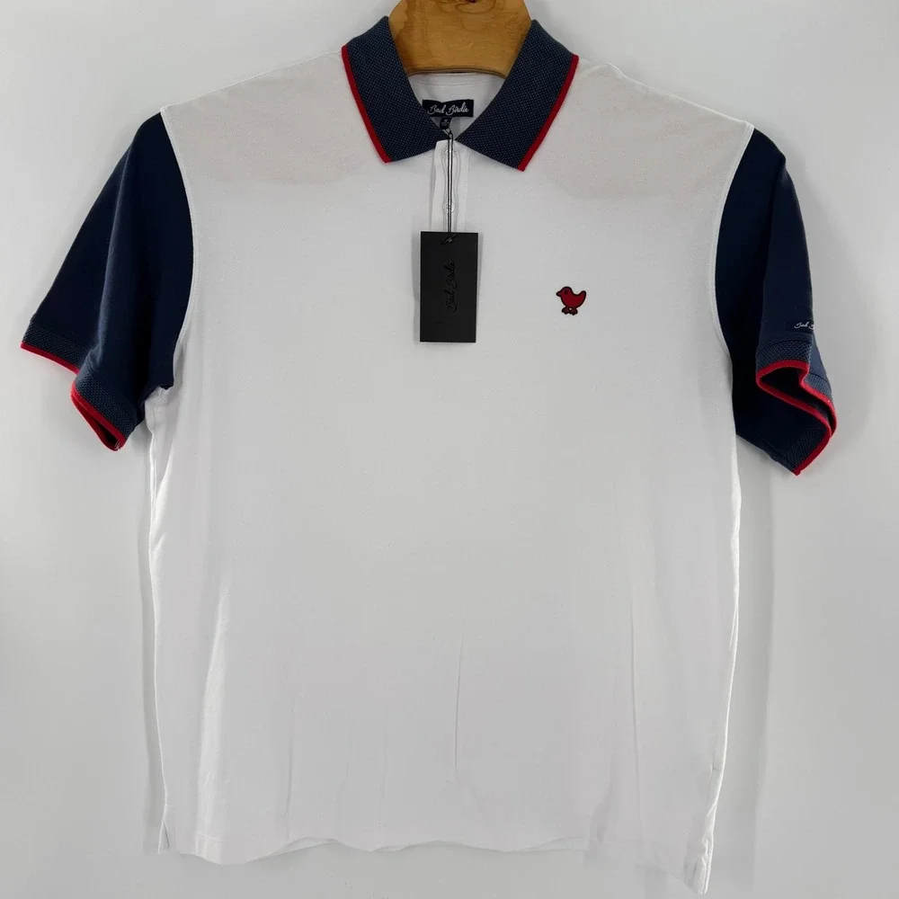 Bad Birdie Mens Golf Polo Shirt XL White Navy Blue Red Trim Performance New